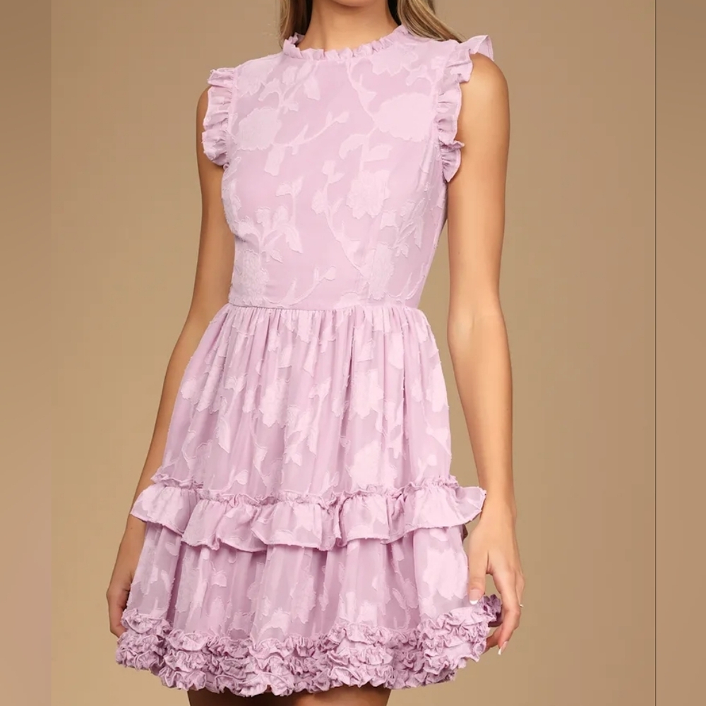 Lulus True as Can Be Lavender Burnout Floral Ruffled Mini Dress